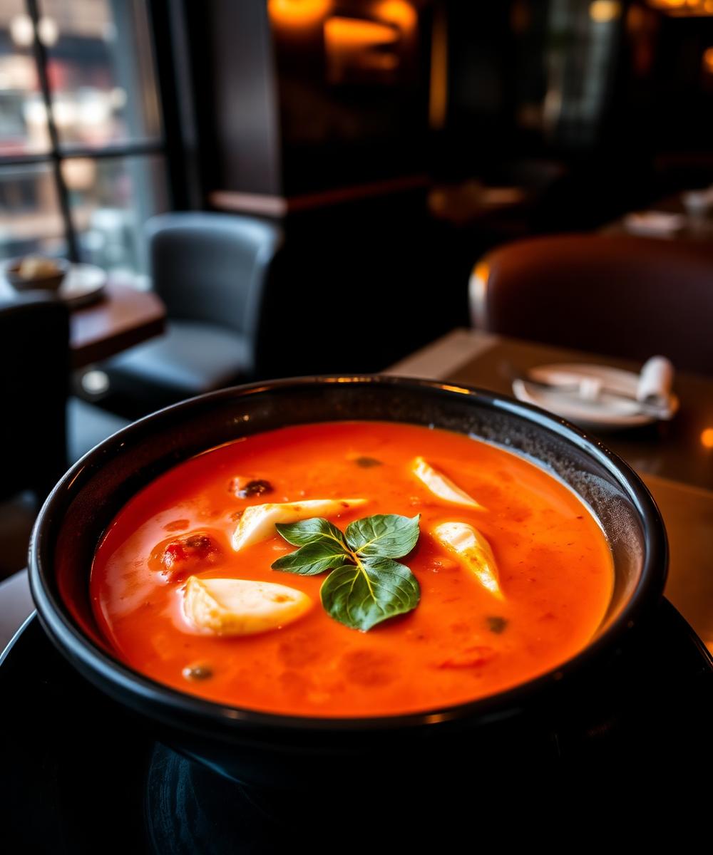 Krämig thailändsk curry serverad i mörk keramikskål